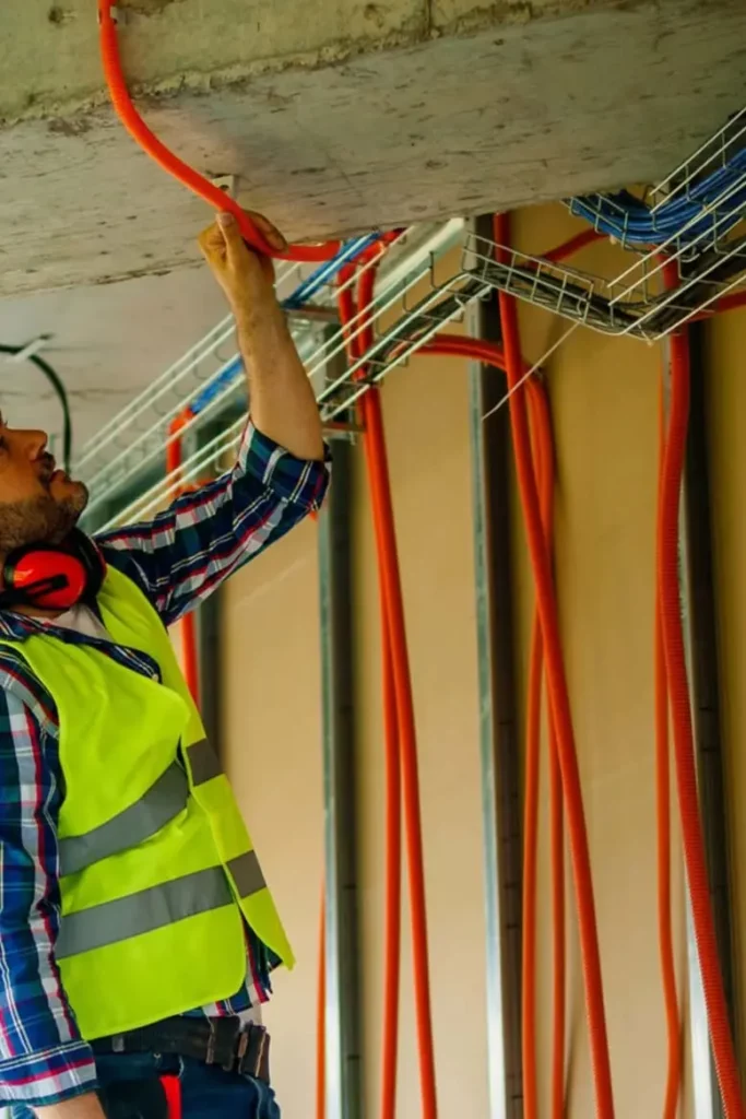 Électricien installant une gaine électrique orange au plafond sur un chantier