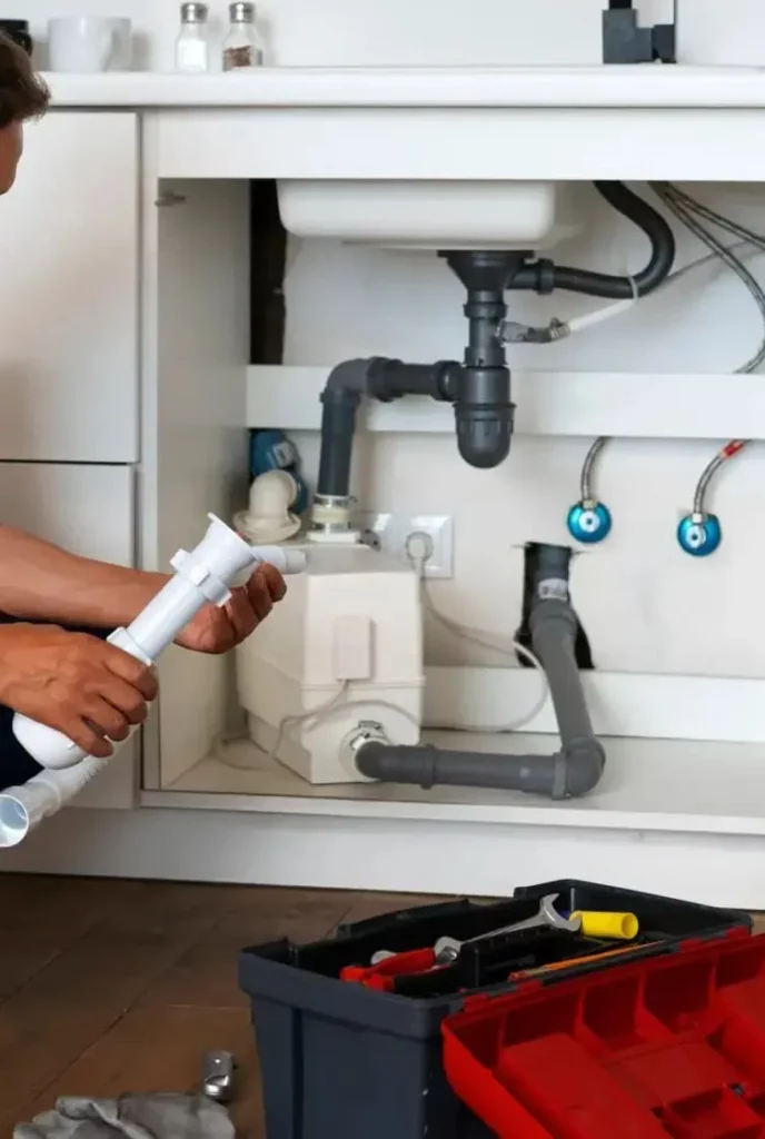 Professionnel de la plomberie installant l’évacuation sous un évier de cuisine